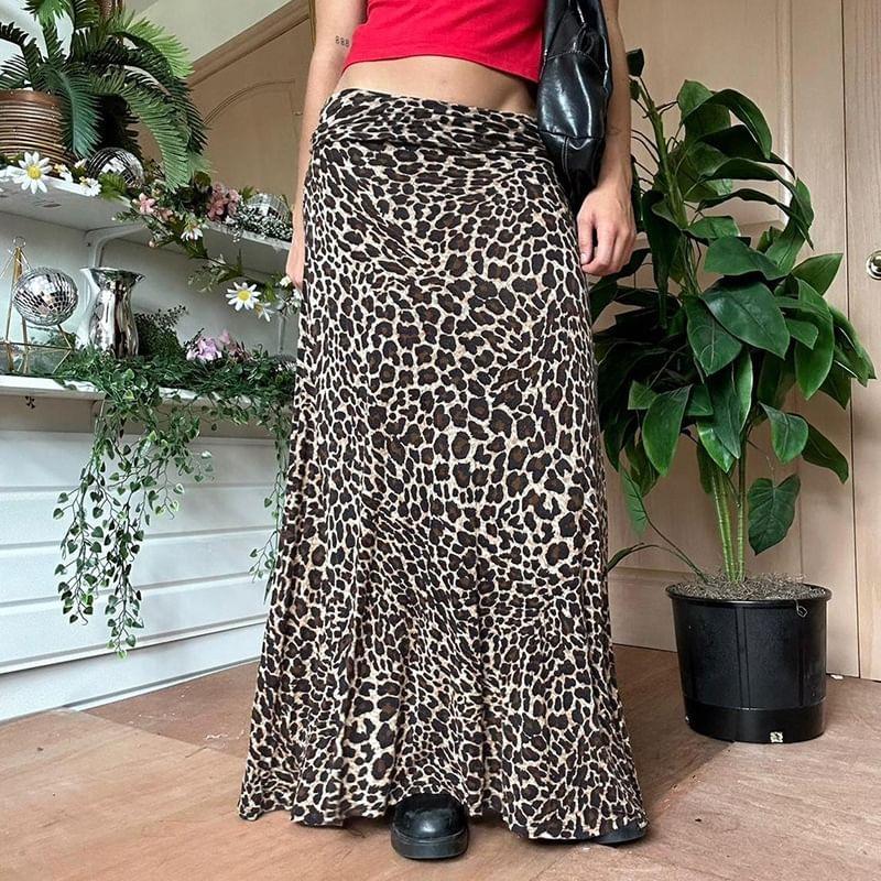 Low Waist Leopard Print Maxi A-Line Skirt Product Image