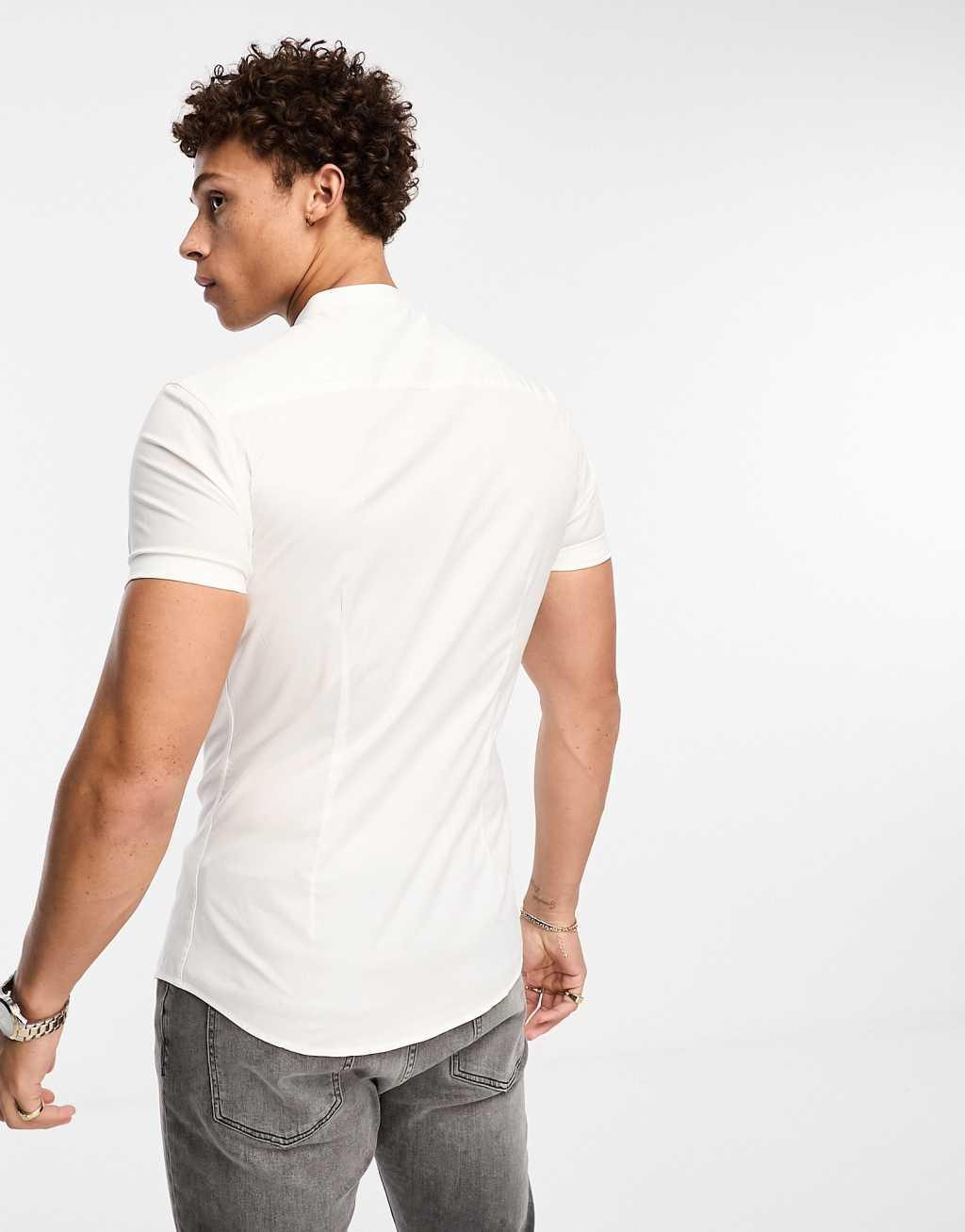 ASOS DESIGN 2 pack skinny shirt with band collar in white/taupe Product Image