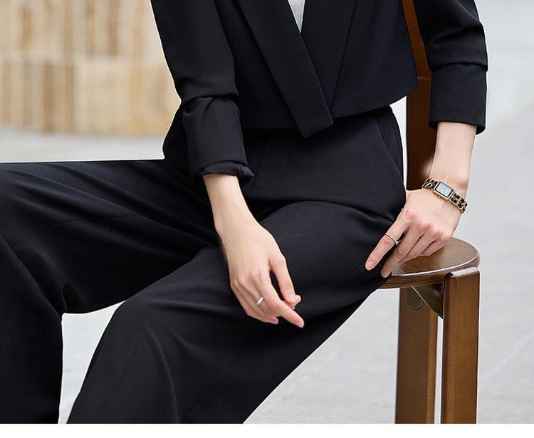 Notch Lapel Plain Single Breasted Blazer / High Rise Wide Leg Slacks / Set Product Image