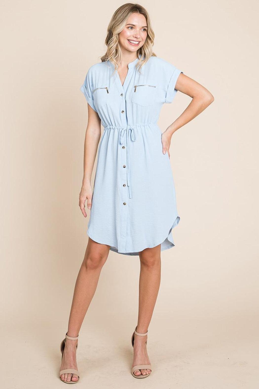 Button Up Tie Waist V Neck Shirt Dress Female Product Image