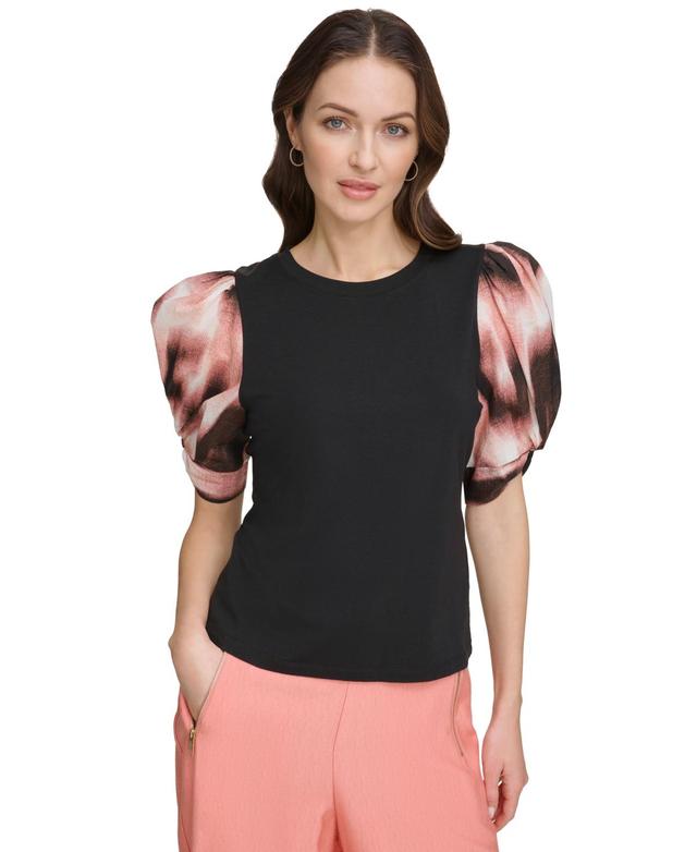 Dkny Womens Printed-Chiffon-Sleeve Crewneck Knit Top - Blk Product Image