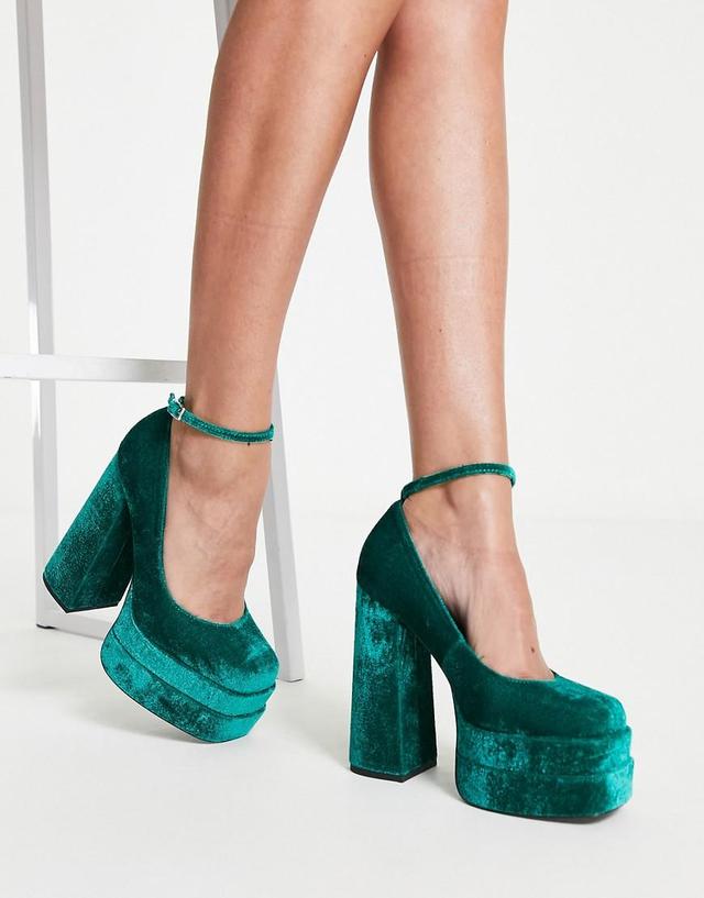 ASOS DESIGN Pistol double platform heeled shoes in teal velvet  Product Image