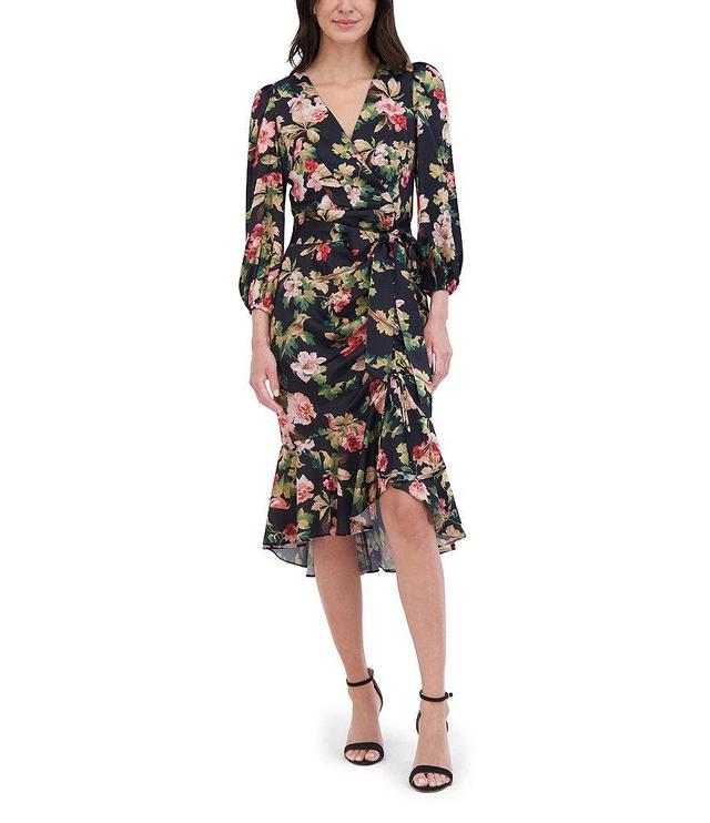 Eliza J Floral Satin V-Neck Long Sleeve High Low Flounce Hem Wrap Dress Product Image