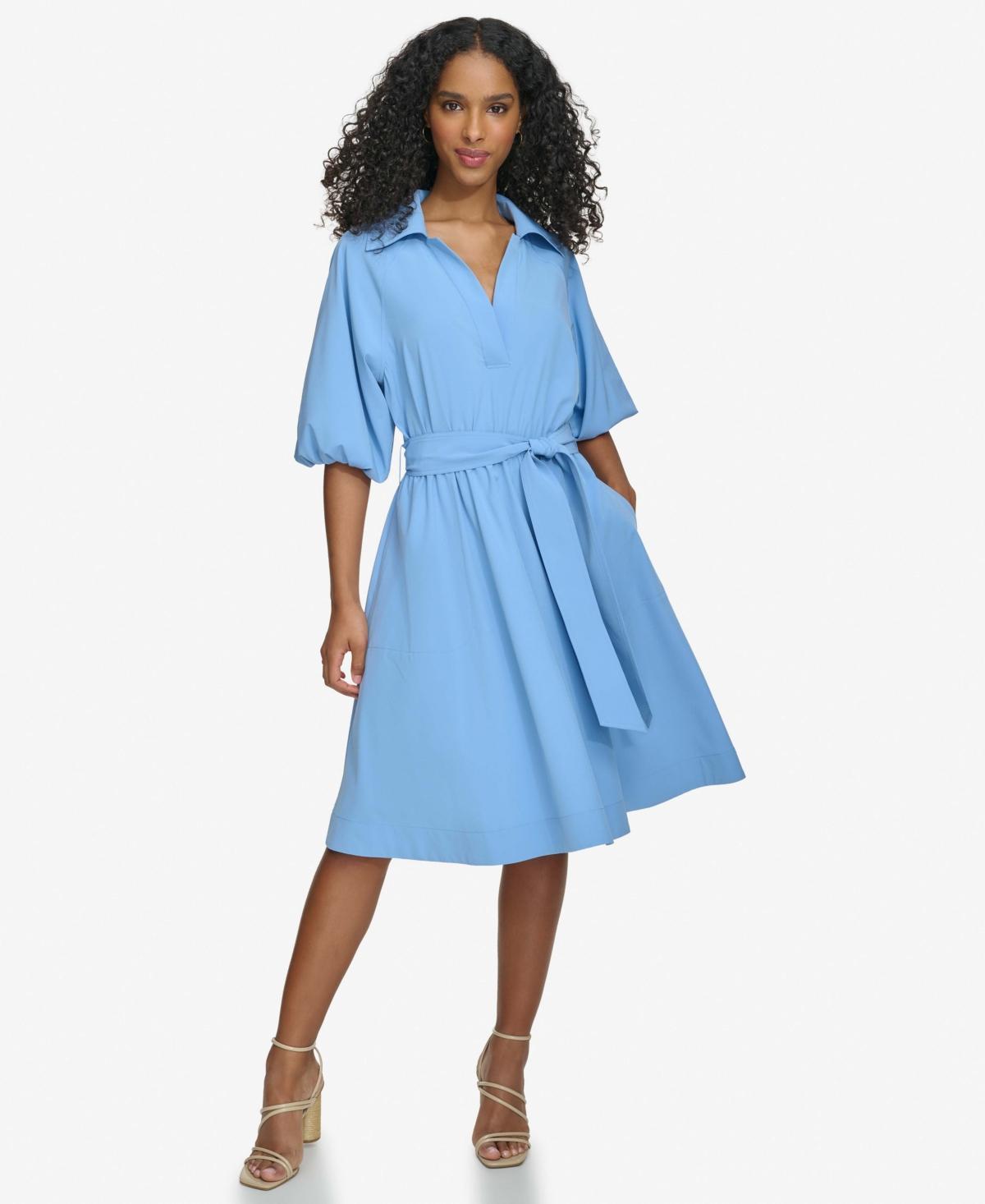 Women's Split-Neck Puff-Sleeve A-Line Dress Product Image