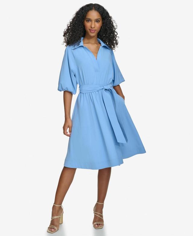 Calvin Klein Womens Split-Neck Puff-Sleeve A-Line Dress Product Image