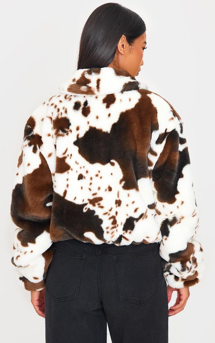 White Faux Fur Cow Print Zip Jacket Product Image