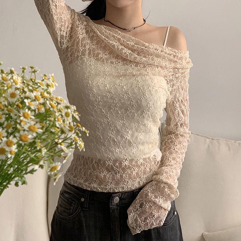 Off-The-Shoulder Long Sleeve Floral Lace Crop Top Product Image