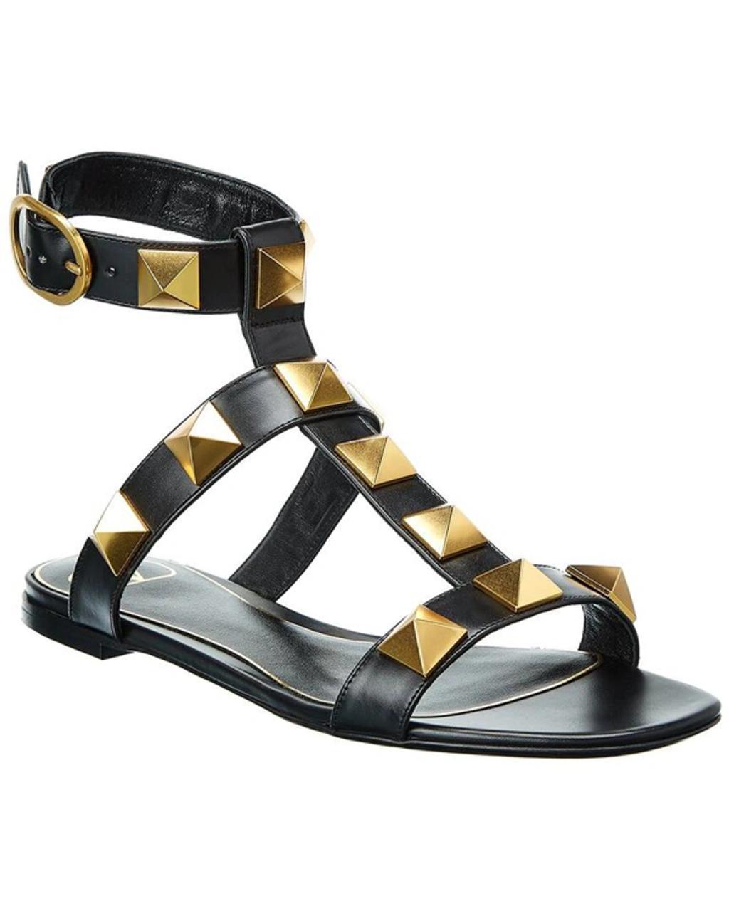 Roman Stud Flat Calfskin Sandal Woman Black 36 In Nero Product Image