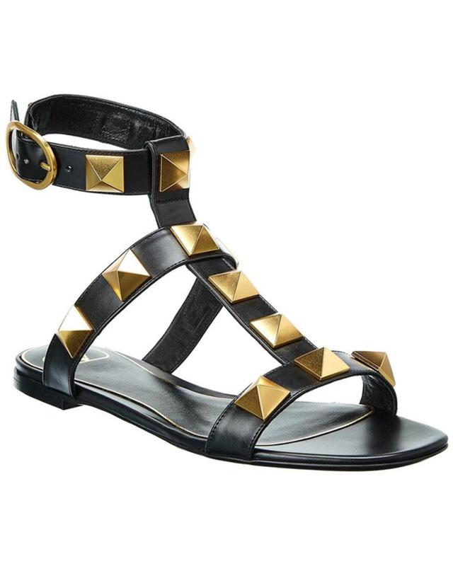 Roman Stud Flat Calfskin Sandal Woman Black 36 In Nero Product Image