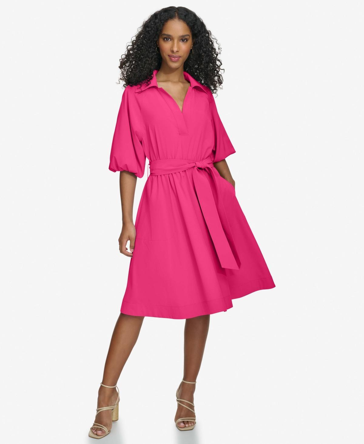 Calvin Klein Womens Split-Neck Puff-Sleeve A-Line Dress Product Image