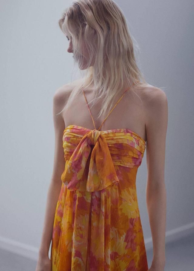 MANGO - Pleated dress with bow neckline pastel orange - 4 - Women Product Image