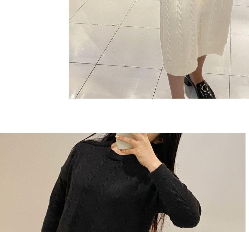 Long Sleeve Mock Neck Plain Cable Knit Midi Sweater Dress Product Image