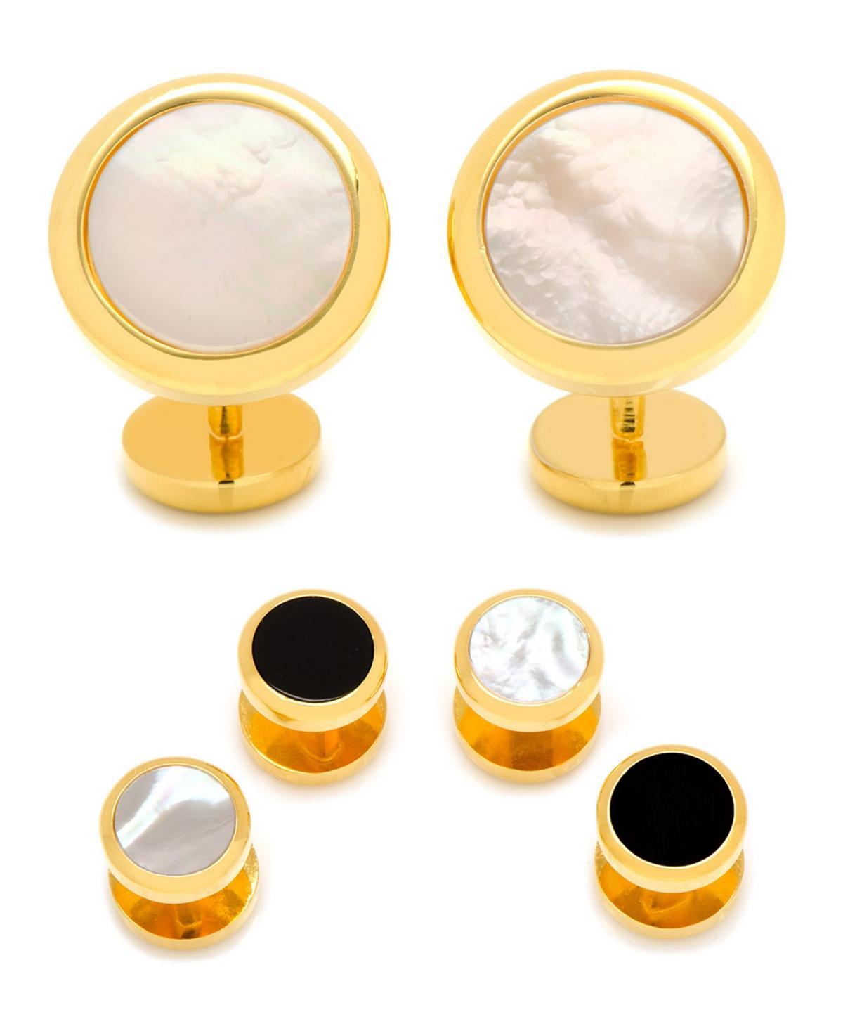 Mens 3-Piece Ox And Bull Trading Co. Double Sided Gold Mother Of Pearl Round Beveled Stud Set Product Image