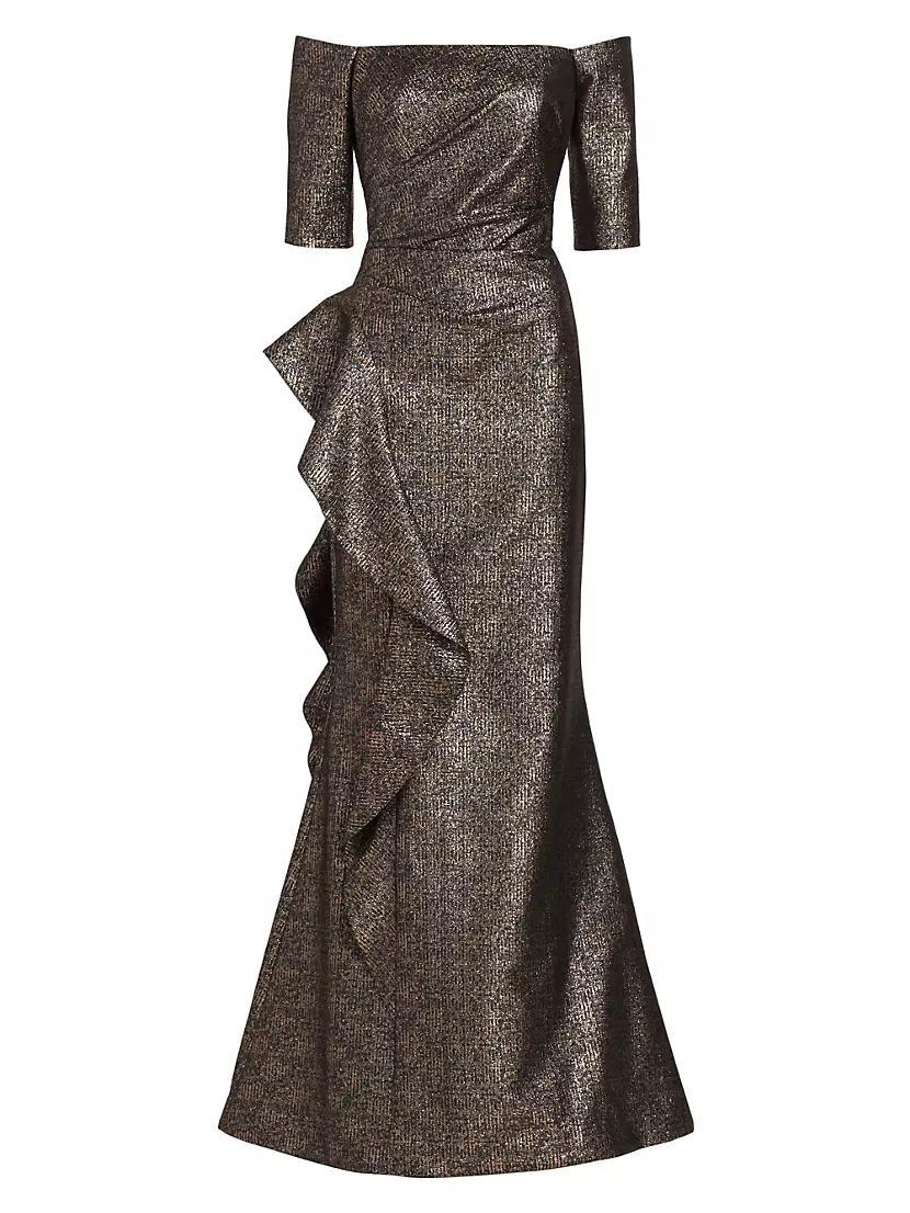 Metallic Jacquard Off-The-Shoulder Gown Product Image