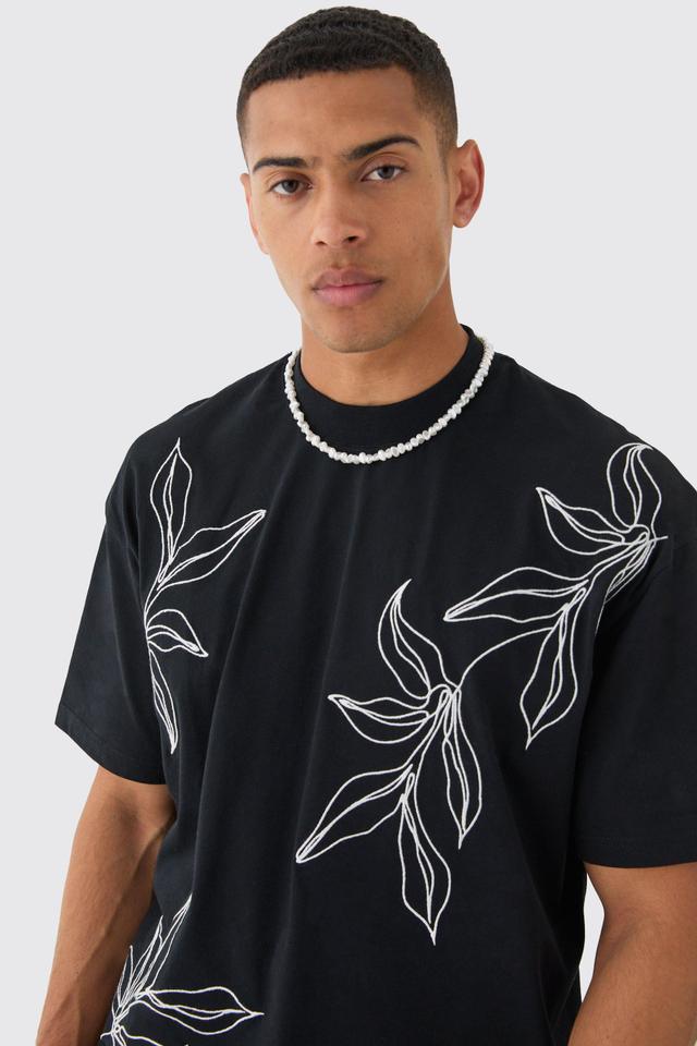 Mens Black Oversized Boxy Extended Neck Floral Line Embroidered T-shirt, Black Product Image