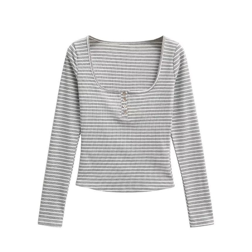 Long-Sleeve Square-Neck Striped Henley T-Shirt Product Image