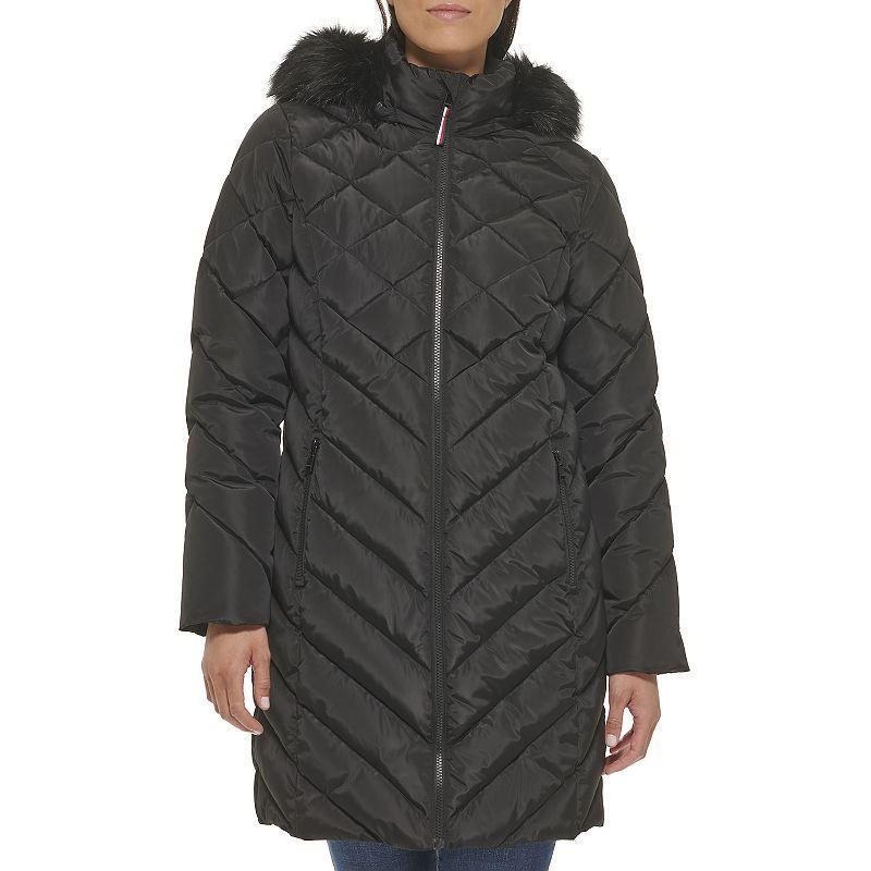 Womens Tommy Hilfiger Faux-Fur Trimmed Puffer Coat Blue Product Image