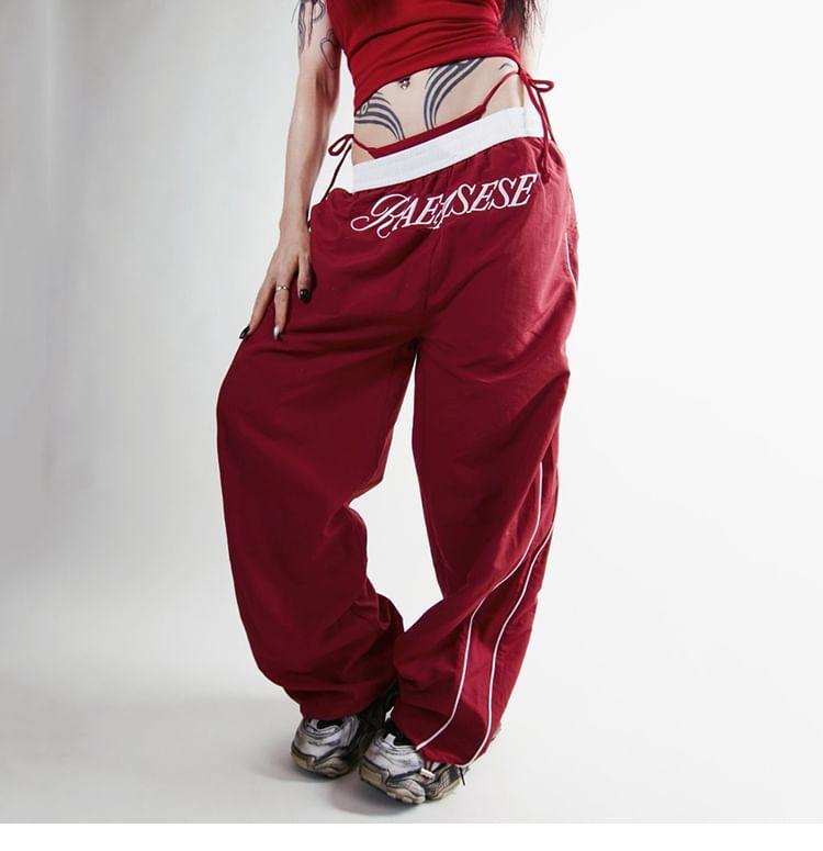 Elastic Waist Lettering Print Wide Leg Track Pants Product Image