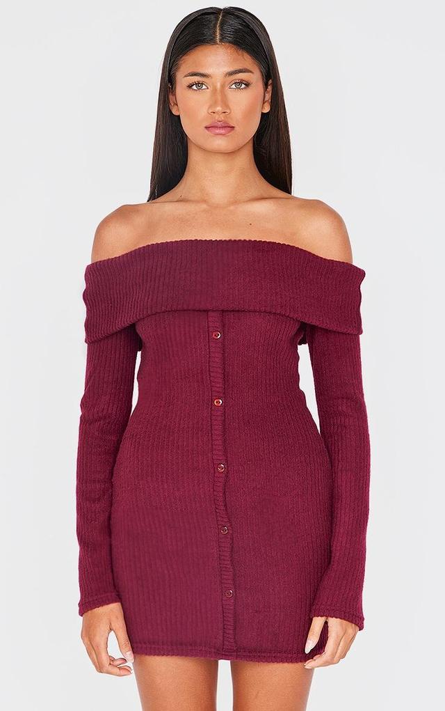 Burgundy Brushed Rib Button Down Bodycon Dress Product Image