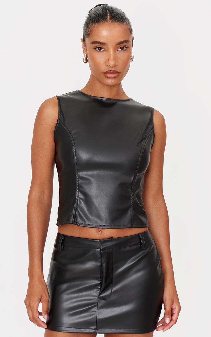 Black Faux Leather Seam Detail Open Back Long Top Product Image