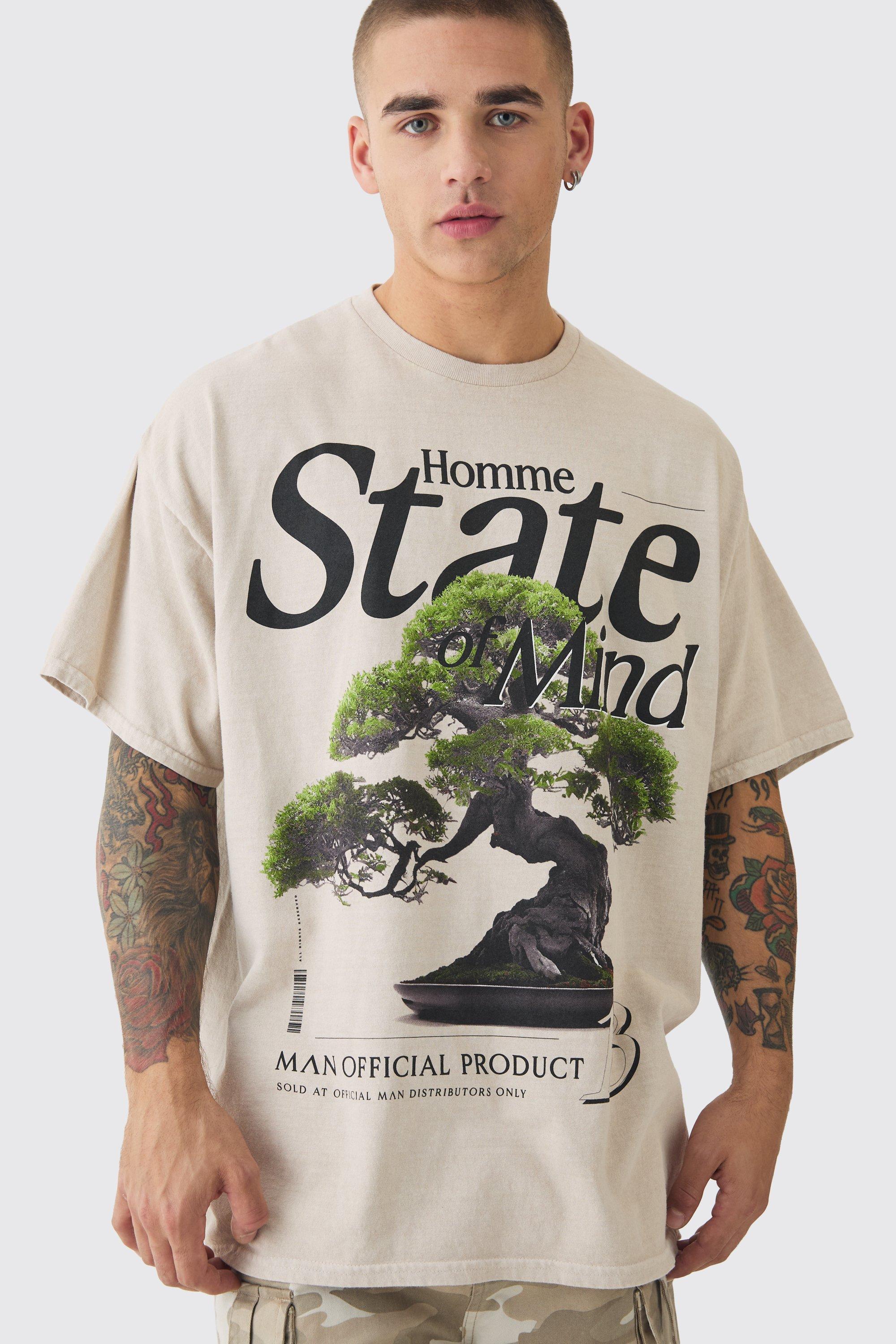 Mens Beige Oversized Tree Print Heavyweight Wash T-shirt, Beige Product Image