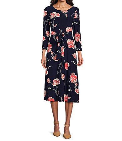 Kasper Stretch Woven Floral Print Scoop Neck 34 Sleeve Belted Fit  Flare Midi Dress Product Image