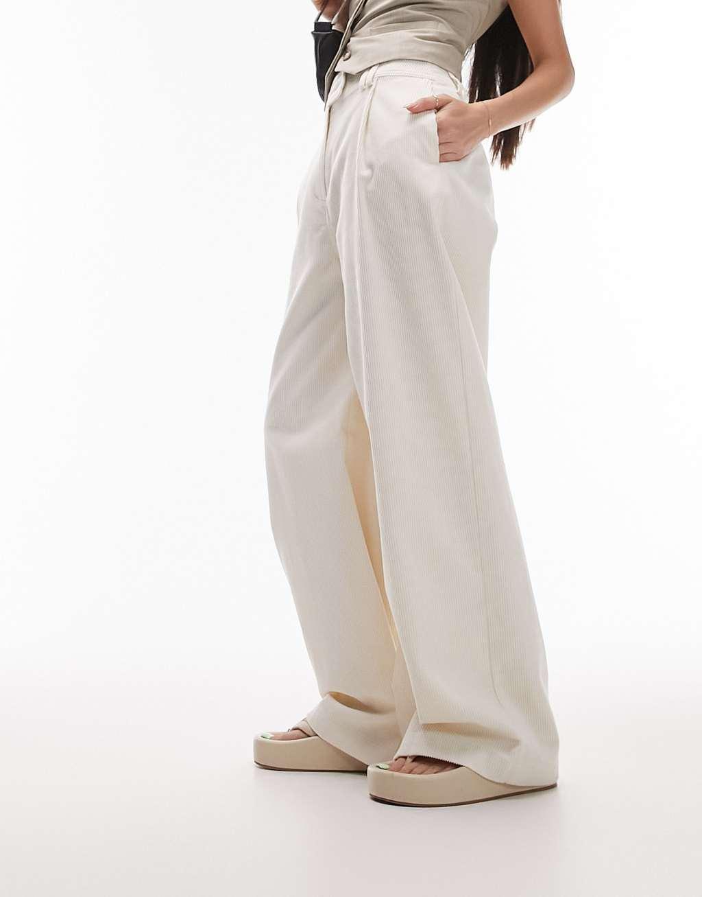 Topshop cord tailored wide leg pants in ecru Product Image