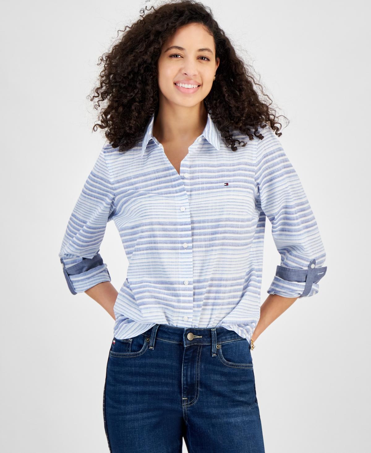 Tommy Hilfiger Womens Beach Stripe Cotton Roll-Tab Shirt Product Image