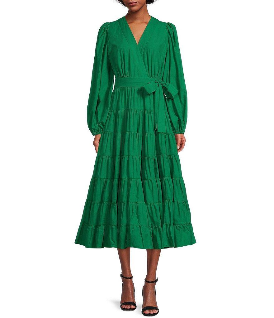 Gibson & Latimer Tiered Long Sleeve Tie Waist Wrap Midi Dress Product Image