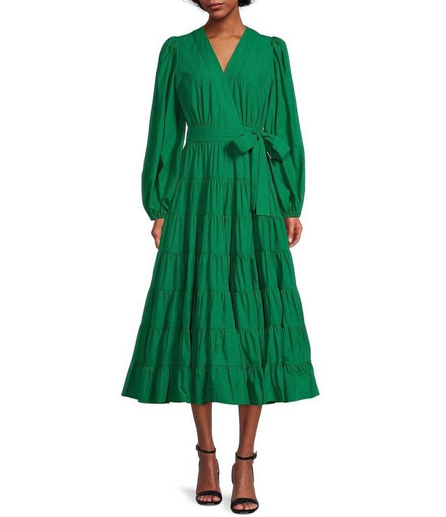 Gibson & Latimer Tiered Long Sleeve Tie Waist Wrap Midi Dress Product Image