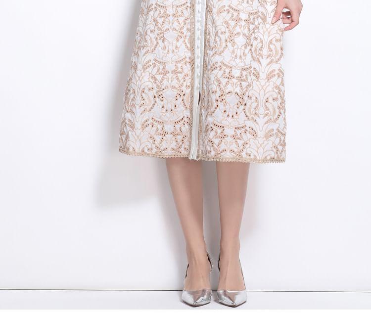 Long Sleeve V-Neck Embroidered Eyelet Belted Midi A-Line Dress Product Image