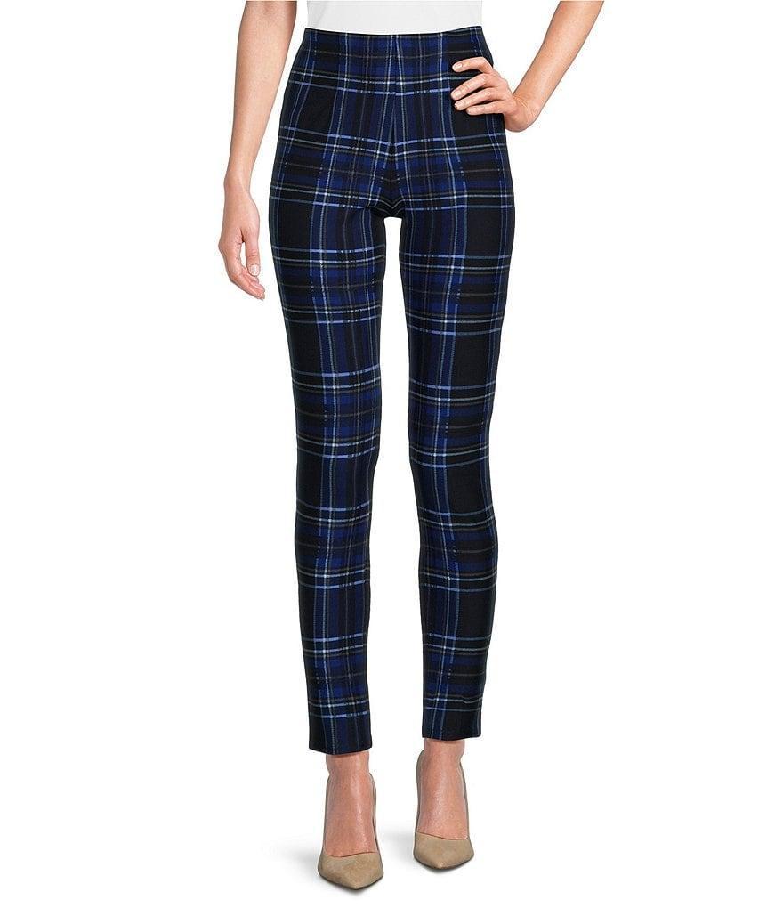 Slim Factor by Investments Ponte Knit Royal Blue Plaid Print No Waist Leggings Product Image