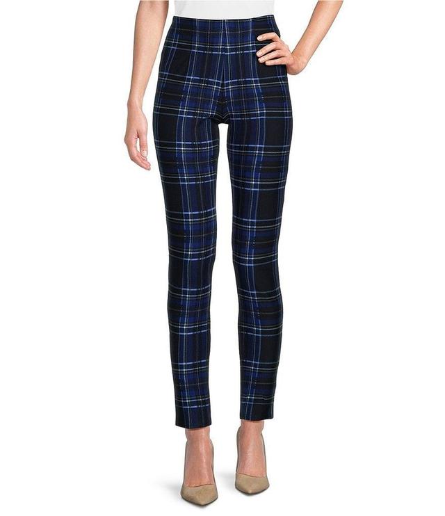 Slim Factor by Investments Ponte Knit Royal Blue Plaid Print No Waist Leggings Product Image