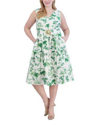 Plus Size Printed Belted Cotton Midi Dress Product Image