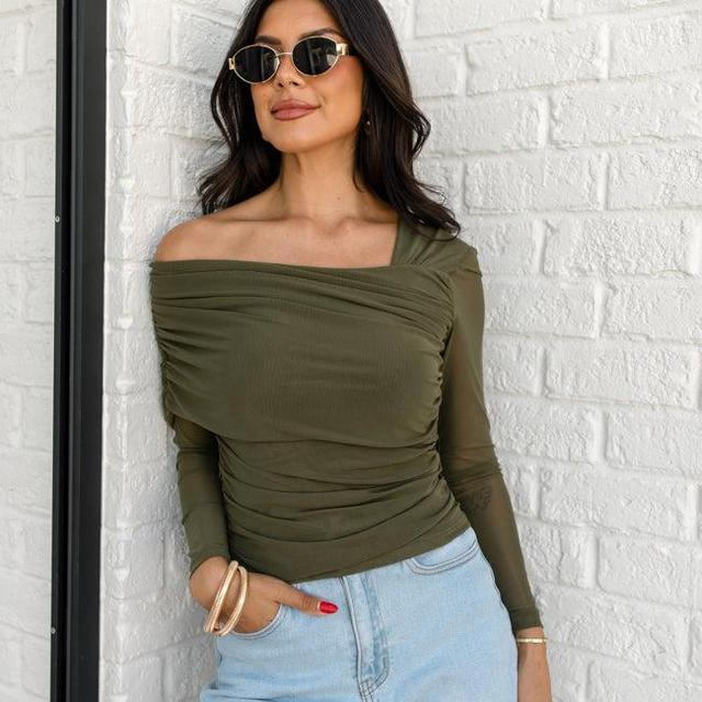 Forever Happy Olive Mesh Sleeve Draped Off The Shoulder Top Product Image