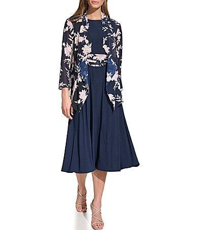 Jessica Howard 34 Sleeve Crew Neck Floral Ruched Waist A-Line Midi 2 Product Image