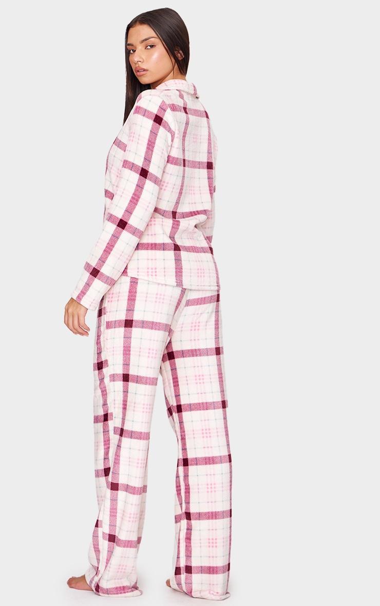 Pink Check Print Fleece Button Down Long Pj Set Product Image