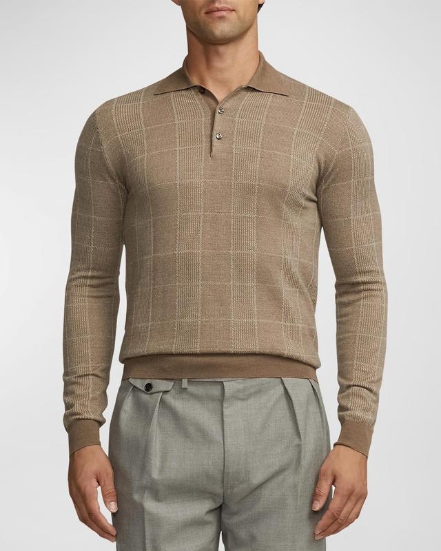 Mens Plaid Cashmere-Silk Long-Sleeve Polo Sweater Product Image