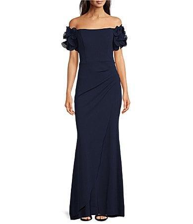 Xscape Rosette Off-the-Shoulder Short Sleeve Ruffle Ruched Waist Gown Product Image