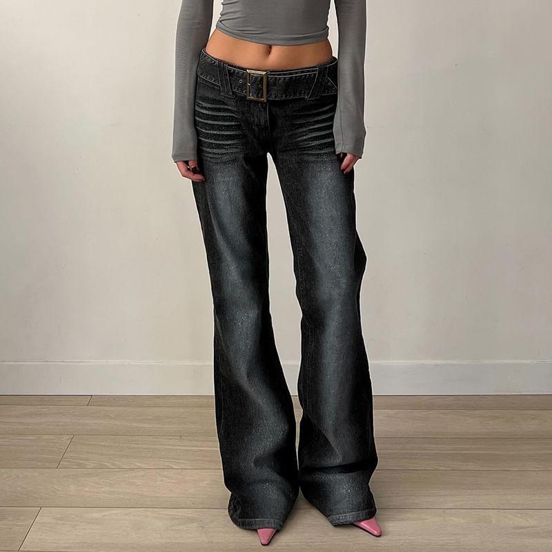 Mid Waist Washed Belted Flared Jeans Product Image