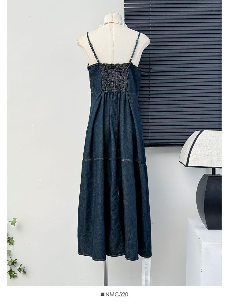 Sleeveless Slit-Front Denim A-Line Midi Dress Product Image