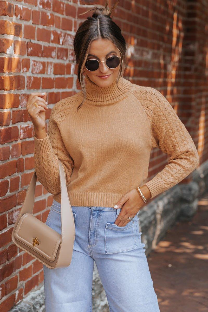 Camel Cable Knit Sleeve Turtleneck Sweater Female Product Image