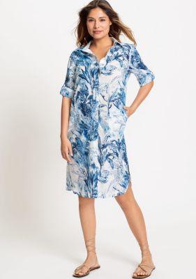 Olsen Womens 100% Cotton 3/4 Sleeve Tropic Leaf Print Dress Product Image