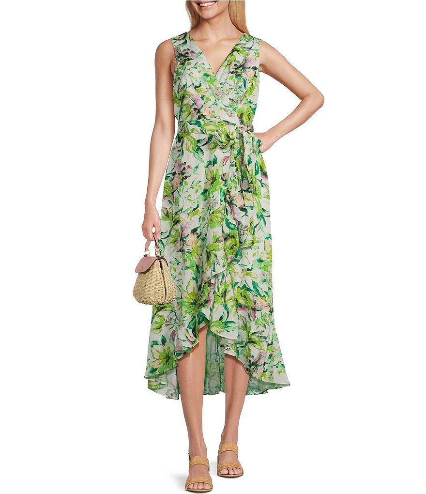 Leslie Fay Sleeveless V-Neck Tie Waist Ruffle Skirt Floral Print Chiffon Faux Wrap Dress Product Image