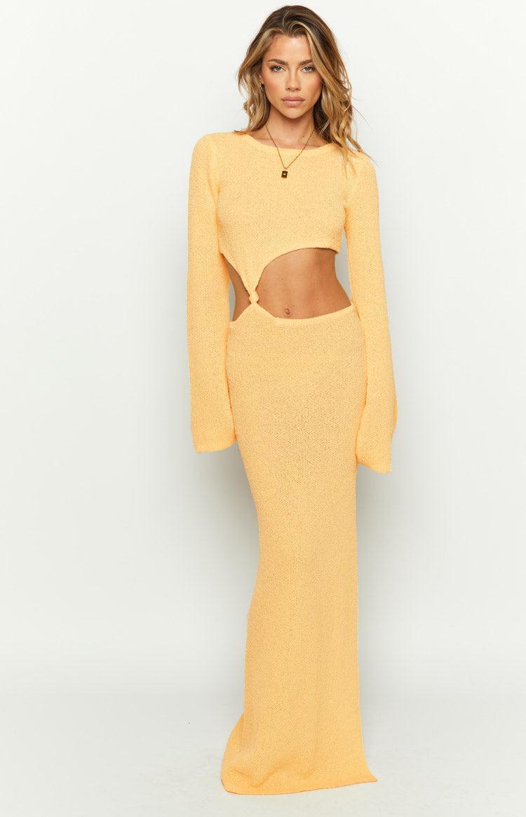 Arya Yellow Long Sleeve Knit Maxi Dress Product Image