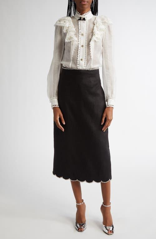 ZIMMERMANN Crystal Embellished Scalloped Linen Midi Skirt In Black Product Image