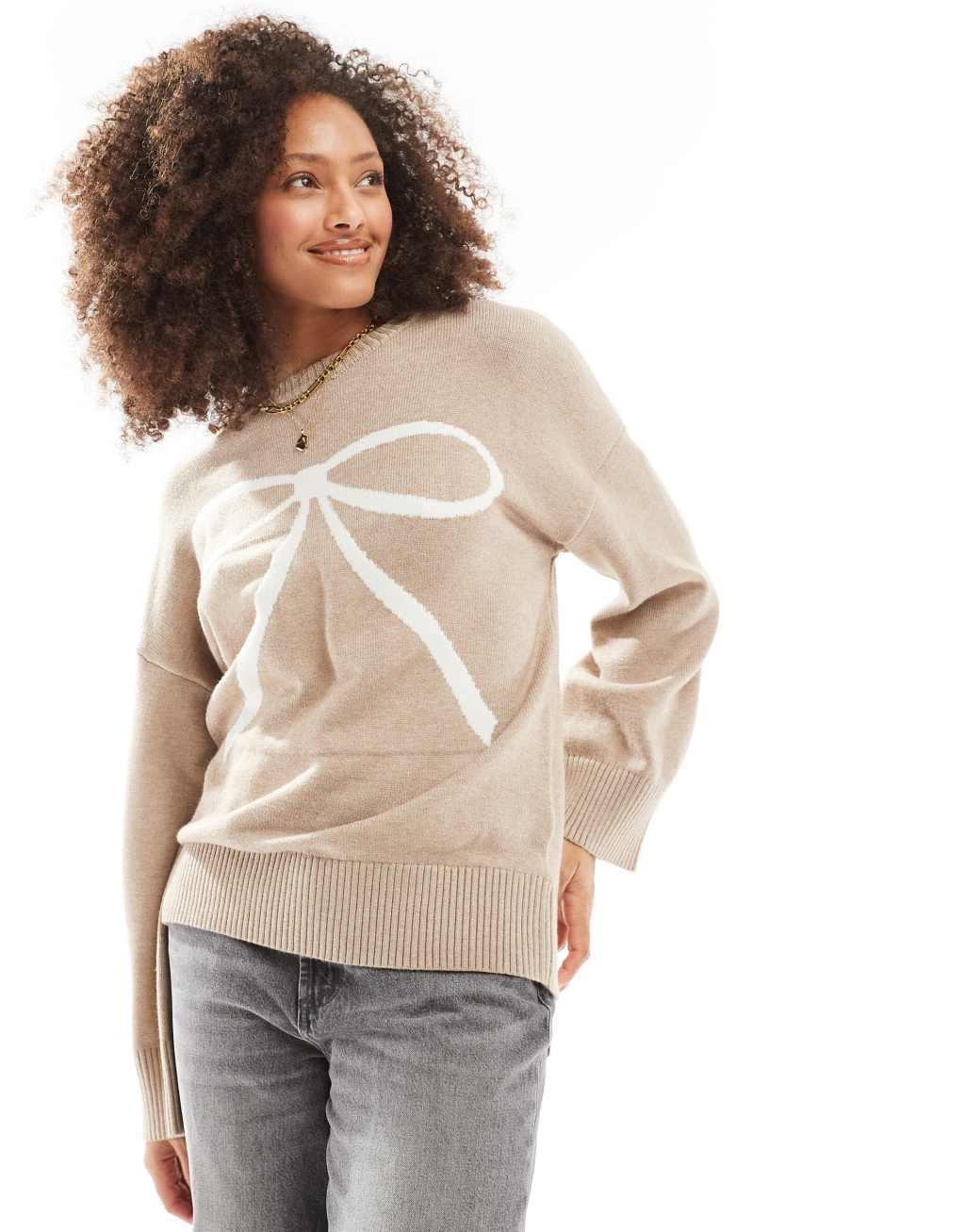 Cotton On luxe crew pullover knitted sweater in cream with bow intarsia Product Image