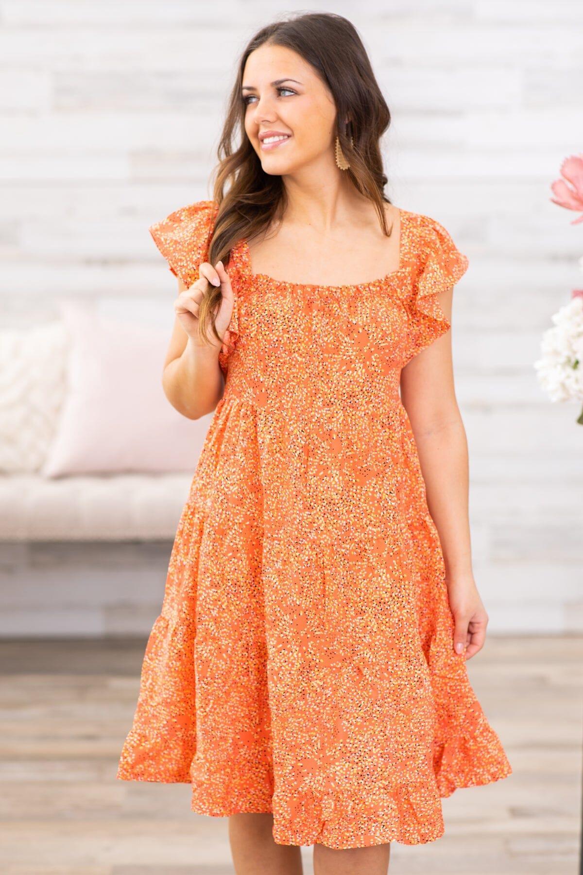 Orange Ditsy Floral Flutter Sleeve Dress Product Image