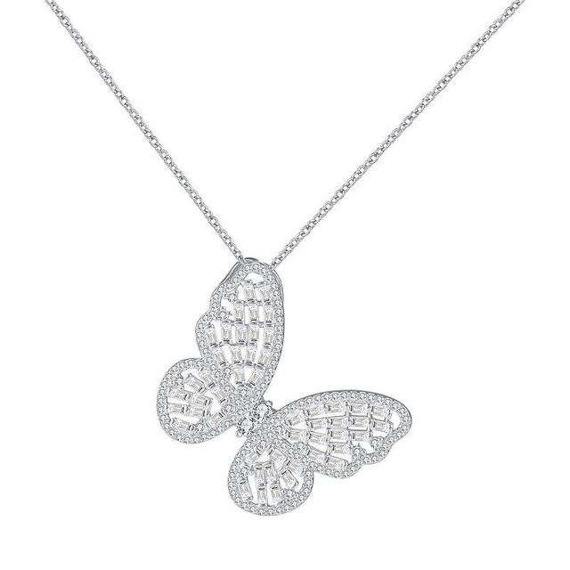 Sterling Silver Cubic Zirconia Butterfly Pendant Necklace, Womens White Product Image