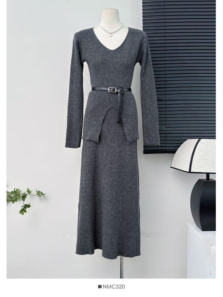 Set: Slited V-Neck T-Shirt + High-Waist Knit Midi Dress Product Image